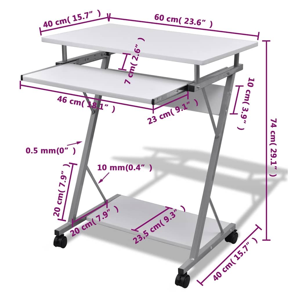 Mesa de ordenador blanca sobre ruedas, carrito para ordenador portátil y PC, mesa de oficina con bandeja para teclado, superficie de trabajo de 60 x 40 cm, para oficina en casa, estudio y