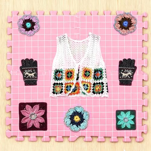 Image of MEVOME Blocking Mats for Knitting 200 T-pins 100 Locking Stitch Markers, Extra Thick Block Boards Crochet Projects Grid Lines Needlepoint Knit Crocheting, 9 Foam Interlocking Mat Storage Bag (Pink)