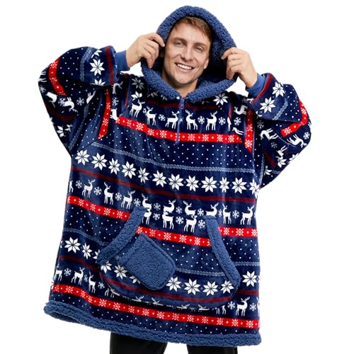 Image of Giggling Getup Wearable Blanket Hoodie for Adults Gifts for Teen Girls Sister Women Sherpa Fleece Printed Hooded Blanket Sweatshirt Warm Cozy with Pocket & Sleeves Blue Christmas Nordic