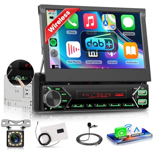 VECHTEL DAB/DAB+ Autoradio Carplay Android Auto Wireless mit 7 Zoll elektrisch einziehbarem Bildschirm,1-DIN-Radio FM mit Bluetooth,Mirror Link 2 USB/Type-C/SD mit Rückfahrkamera,Lenkradsteuerung