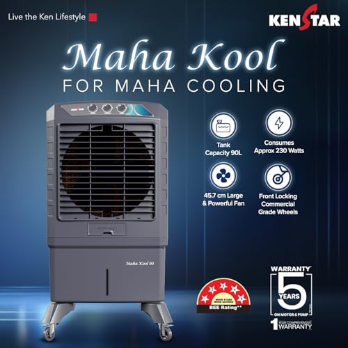 Image of Kenstar MAHA KOOL HC 90 L Desert Air Cooler|Anti-Bacterial Honeycomb Pads|High-Speed Fan|Inverter Ready|50Ft Powerful Air Throw|1-Yr Product Warranty+5-Yr Warranty on Pump&Motor|5-Star BEE Rating|Grey
