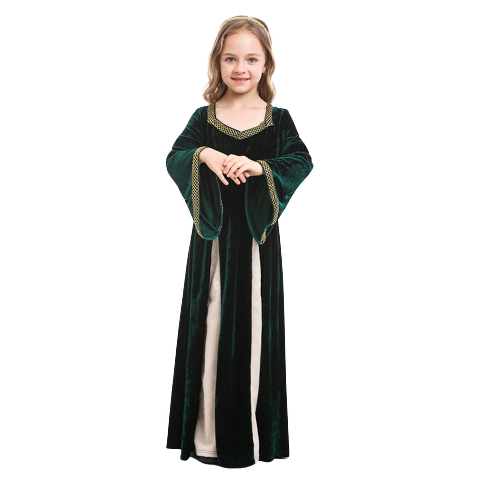 RRCBMD Medieval Renaissance Costume Girls Princess Classic Elegance Party Cosplay Classic Dark Green-XL-10-12Y
