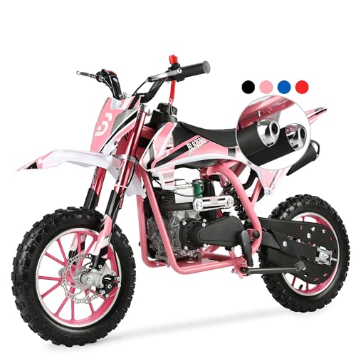 BLAZEGO 50cc Kids Dirt Bike 4-Stroke Gas Dirt Bike for Kids 8-14 with 2.5-10 Off Road Tires Mini Pit Bike 25MPH & 18.8 Miles Long Range with Front and Rear Suspension & Dual Disc Brakes Pink