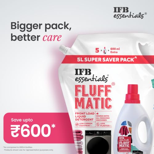 Image of IFB Essentials Fluff Matic Liquid Detergent - 5 Ltr Super Saver Pack | Removes Tough Stains | Concentrated Formula for Extra Washes | Long Lasting Floral Fragrance | Preserves Softness & Shine