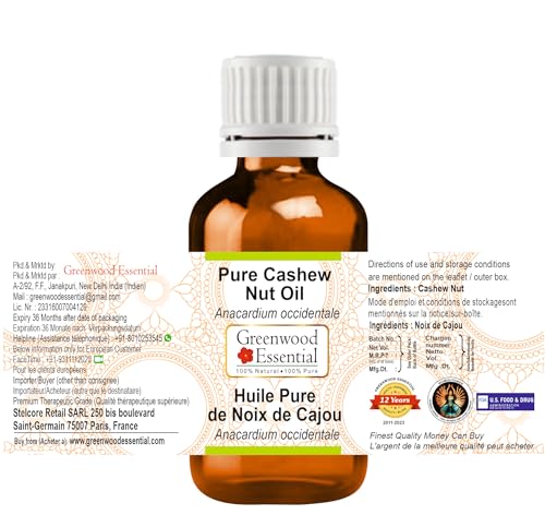 Image of Greenwood Essential Cashew Nut Oil (Anacardium occidentale) | Infused | Pure | Non-Sticky | Lightweight | Moisturizing | For Skin & Hair | Multi-Purpose Use | Men & Women | 50ml