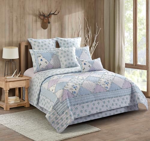 Virah Bella Garden of Blues 2-Piece Twin Quilt Bedding Set - Shabby Chic Floral Patchwork Reversible Coverlet with 1 Matching Standard Pillow Sham - Soft Microfiber Blue Gingham Bedspread, 68" x 86"