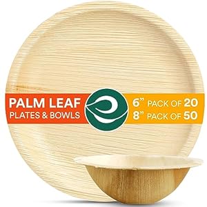 ECO SOUL 100% Compostable, Biodegradable, Disposable Palm Leaf Set 70 Count | Palm Leaf Plates 8″ Round 50 Count & Palm Leaf Bowls 6″ Round 20 Count | Wedding, Event, Party Pack Set