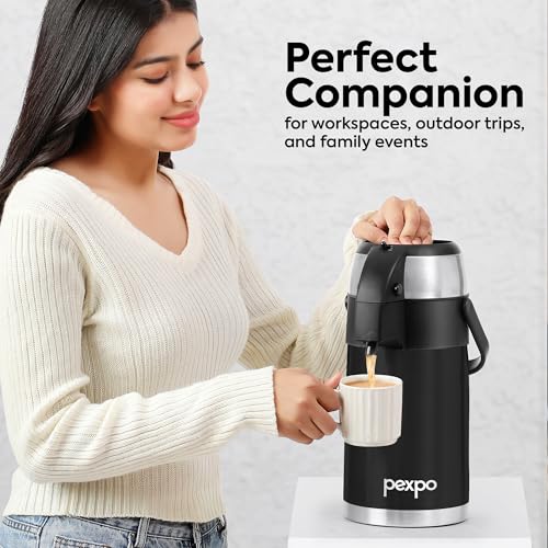 Image of Go24 pexpo AquaPort Stainless Steel Vacuum Insulated Beverage Dispenser with Pump - 2.5 LTR | Hot & Cold | Double Wall | Sturdy Handle to Carry | Coffee /Tea Carafe - Knight Black