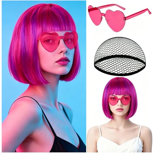 Image of MEEZY Rose red and purple Short Bob Wigs Straight Hair with Flat Bangs Heart Sunglasses for Women, Colorful Funny Cosplay Daily Party Neon Wig Synthetic As Real Hair Carnival Halloween Costume