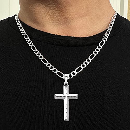 Mens Sterling Silver Diamond Cut Cross Pendant 5mm Italian Figaro Chain Necklace - Choice Of Lengths2