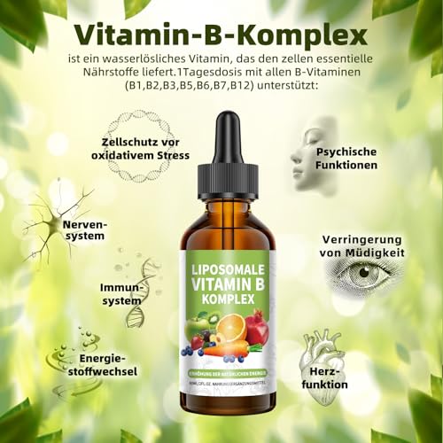Mommachi Liposomale Vitamin B Komplex Tropfen, Hochdosiert Flüssiges mit alle 8 B-Vitamine (B1, B2, B3, B5, B6, B7, B9, B12), Vegan, Keine Zusatzstoffe, Aktive Vitamin B Formen, 60ml (1 Packung)