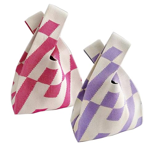 Image of Knot Bag, Mini Knit Tote Bag, Extra Thickened Japanese Knot Bag, Wristlet Handbag, Aesthetic Crochet - 2Pcs Pink Check & Purple Check(Very Small)
