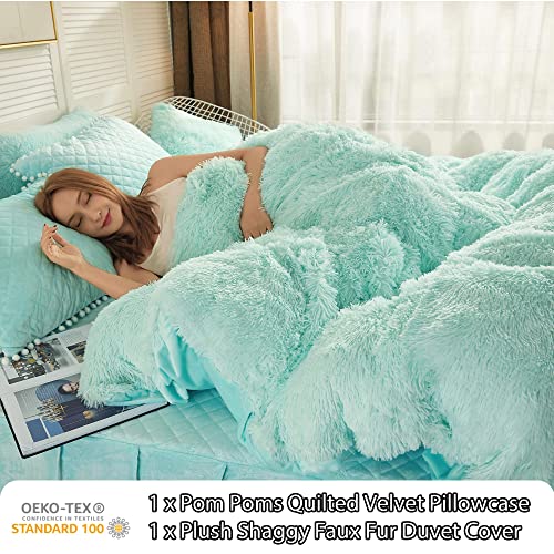Image of LIFEREVO Luxury Plush Shaggy Duvet Cover Set (1 Faux Fur Duvet Cover + 1 Pompoms Fringe Pillow Sham) Solid, Zipper Closure (Twin, Mint)