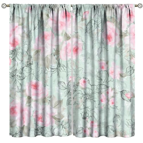 AuiMzoo Floral Curtains, Retro Watercolor Powder Pink Rose Modern Aesthetic Pattern, Blackout Curtains for Bedrooms, Living Rooms, and Kitchens52X84 Inch