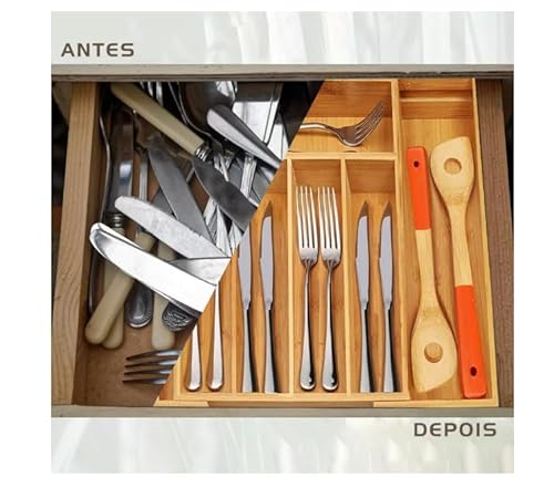 Porta Talheres Bambu Organizador Separador 5 e 7 Divisórias Extensivel Gaveta Grande Divisor Madeira