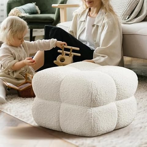 Zesthouse Square Pouf Ottoman, Modern Ottoman Coffee Table for Living Room, Fuzzy Sherpa Ottoman Foot Rest, Upholstered Tufted Ottoman Stool for Couch, White Cover