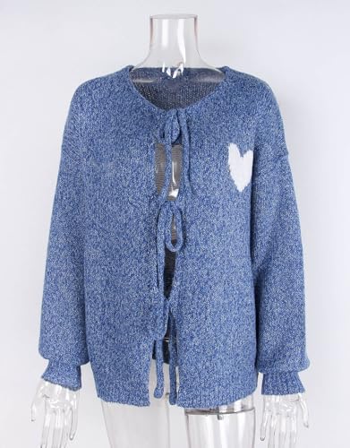 Image of Women's Tie Cardigan Sweaters Long Sleeve Chunky Knit Big Cute Heart Sweater Coats Blue X-Large