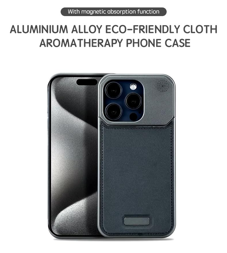 Image of Business Leather Phone Case Compatible with iPhone 16 Pro Max Case Wireless Charging | Aluminum Alloy Eco-Friendly Cloth Aroma Therapy Phone Case (Grey)