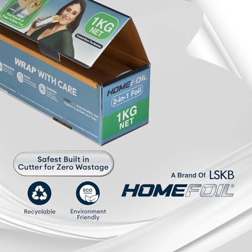 Image of HOMEFOIL 2-in-1 Paper & Silver Converted Aluminium Foil (1 KG Net) for Food Packing | Keeps Food Fresh | Ideal for Food Wrapping, Packing, Storing and Serving | 62.13 Meter Net Guaranteed Length