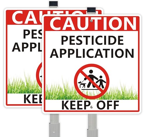 Pesticide Application Warning Sign with 28 Metal Stakes 10 x 10 inches Keep Off Grass Yard Sign Reflective Aluminum 2-Pack