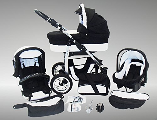 Chilly Kids Dino Kinderwagen Sommer-Set (Sonnenschirm, Autositz & Adapter, Regenschutz, Moskitonetz, Getränkehalter, Schwenkräder) 01 Schwarz & Weiß