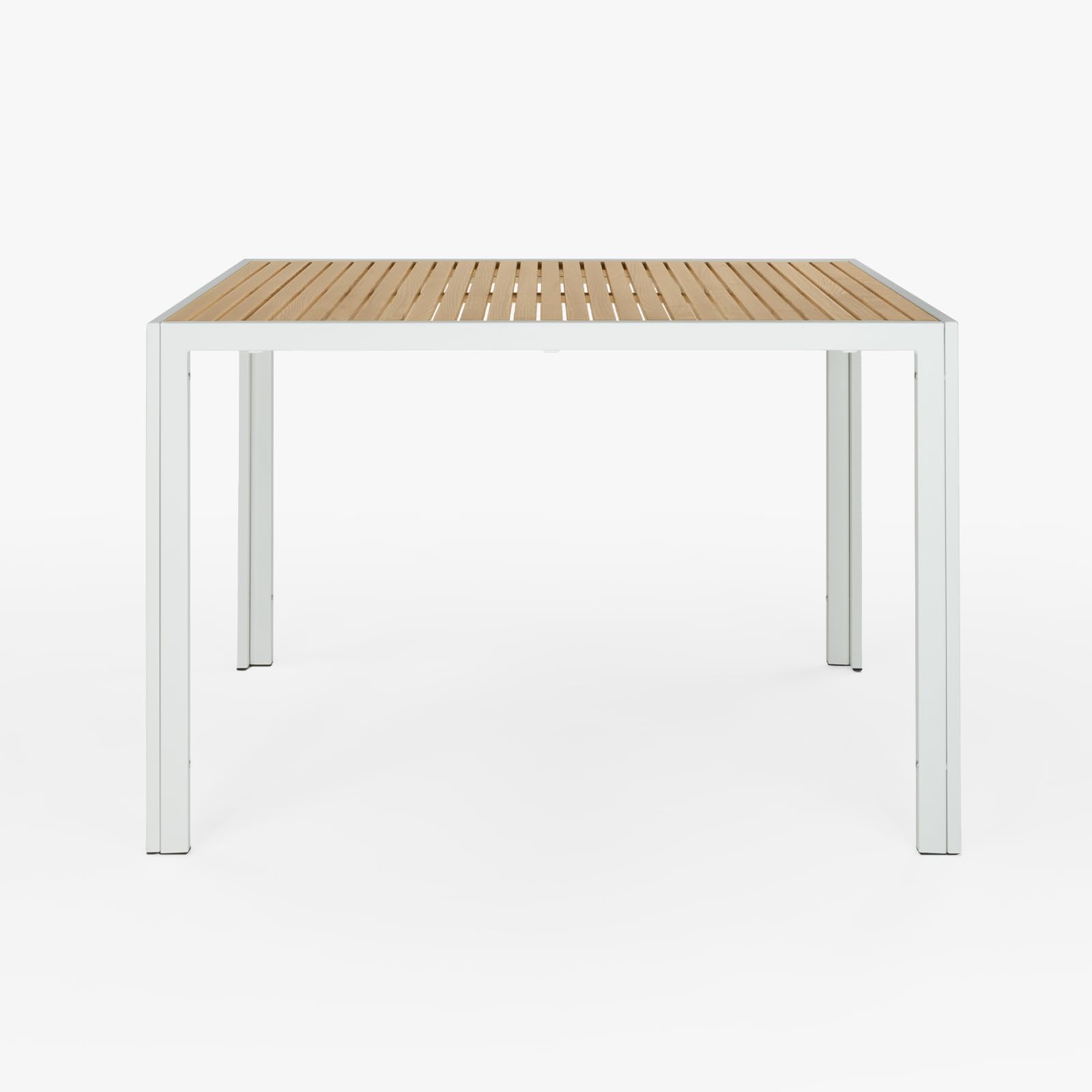 Mesa exterior Jaida para terraza 120x70 madera fresno y acero - Mesa jardín moderna robusta elegante - Mesa de terraza exterior para patio, balcón, comedor, jardín - Tablero de Listones (Blanco)
