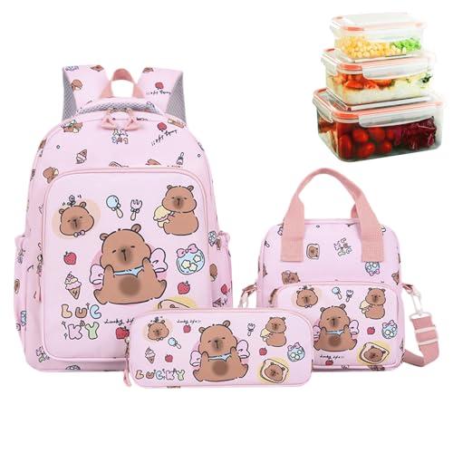 Rrlihjgu Mochila Capivara Para Escola | Conjunto De Mochila De Viagem,Para Meninas e Crianças Com Estojo e Saco de Almoço Para Escola Ar Livre