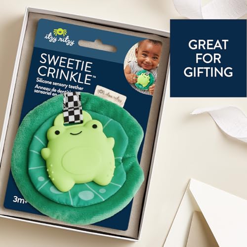 Image of Itzy Ritzy Crinkle Teether Toy - Silicone Frog Teething Toy with Crinkly Lilypad & Plush Velour Layer - Features Multiple Textures for Teething Relief - Designed for Ages 3 Months and Up (Frog)