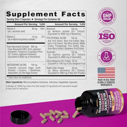 Nutraharmony Resveratrol Supplement - 15000Mg 19-In-1 Organic Polyphenol Complex - Noni Extract | Berberine | Quercetin | Apple Cider Vinegar | Acai - Made In Usa - Antioxidant & Heart Health Support thumb #5