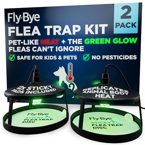 Fly-Bye Flea Trap Kit with Unique Green Light 2 Flea Traps with 12 Non-Toxic Sticky Pads Unscented Flea Killer for Home No Spray or Flea Bomb Needed - Green Light and Heat Irresistible To Fleas
