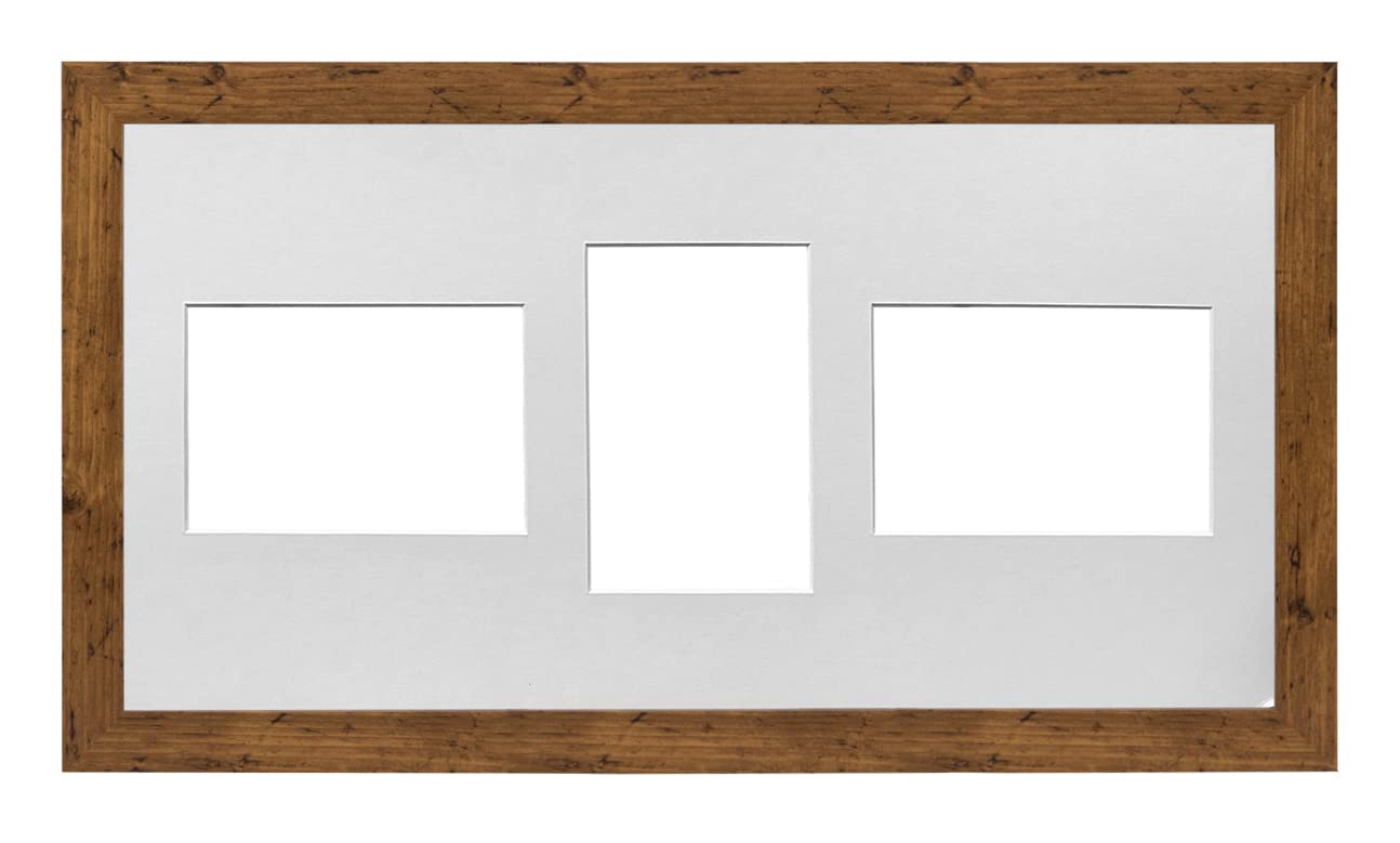 Walnut Frame 20x10' Multi Aperture Picture Frame with White Mount to fit (3x) 6x4' Photos with Perspex Sheet - Wall Mountable Landscape or Portrait