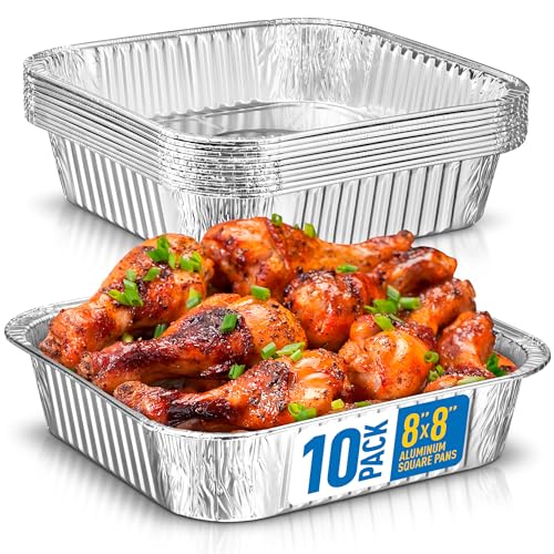 Image of 8x8 Disposable Aluminum Pans - 10 Pack Foil Pans For Cooking, Baking Cakes, Roasting & Homemade Breads - Disposable Food Containers