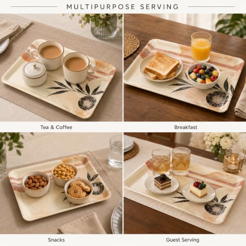 Image of Printed Rectangular Melamine Serving Tray| Tray for Serving Tea, Coffee, Snacks | Break Resistant| Double Laminated | Multi-use | Easy to Clean| | Tray Set of 3 (Small, Medium, Large)(Rose)