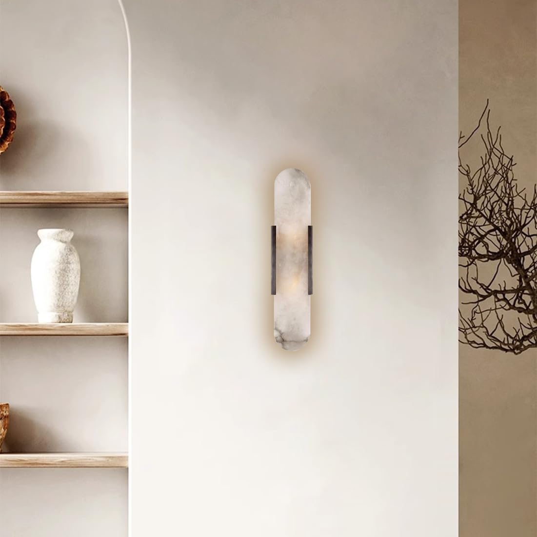 Wandlampe Innen Natürliche Marmor Wandleuchte 3000K Nordische Minimalistische Moderne G4 Wandlichter Mattes Eisengestell Wandbeleuchtung für Schlafzimmer Wohnzimmer Flur Treppe,Schwarz,35cm