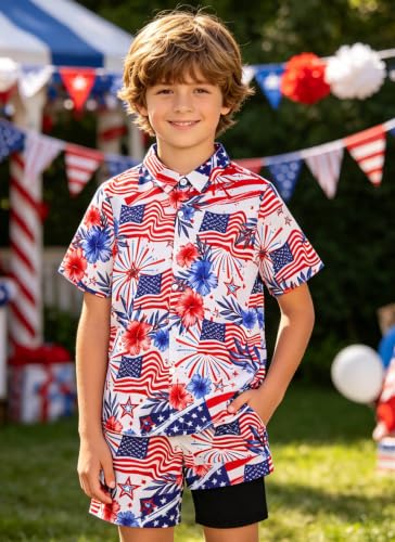 Image of UNICOMIDEA Boys 4th of July Outfits Kids Patriotic Independence Day Tropical Short Sets for 5-12 Years