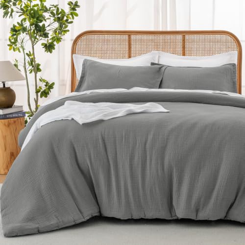 Image of David's Home Cotton Muslin Comforter Set Queen Size, 100% Cotton Cover Ultra-Soft Breathable Lightweight Skin-Friendly for Spring Summer, 3PCS Linen Like Gauze Bedding Set with Polyester Filling, Grey