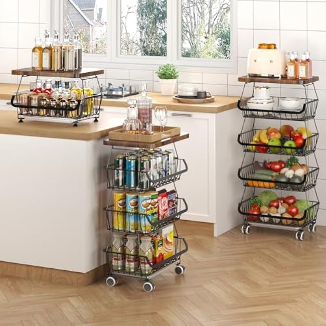 Fruit Basket with Wooden Lid for Kitchen, 4-Tier Stackable Wire Fruit Vegetable Storage Basket Organizer Stand on Wheel, Produce Basket Potato Onion Storage Bins Rack Cart for Pantry