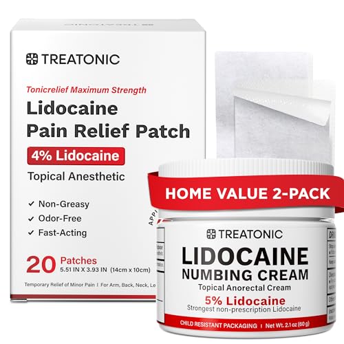 Treatonic Lidocaine Numbing Cream & Patches Set: 5% Lidocaine Cream (2.1oz) + 4% Patches (20PCS) - Maximum Strength Topical Anesthetic for Pain Relief, Itching, Burning, Soreness, Hemorrhoid