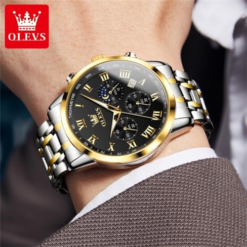 Image of OLEVS Men Multifunction Watch, Multi Dial Waterproof Luminous Chronograph, Gold Silver /Black, Round, mens business watch | Men's Watch with Date Gift for Men,Stainless Steel Watches for Men,Classic Men Wrist Watch