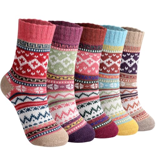 Tavaleu Wool Socks for Women - 5 Pairs Winter Warm Knit Soft Vintage Casual Crew Socks - Main Image
