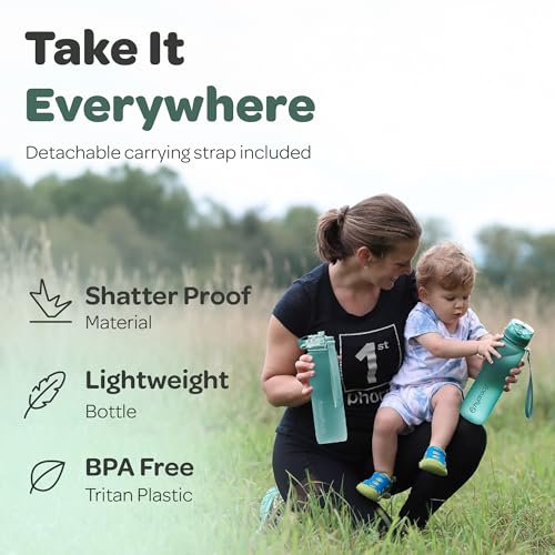 Image of Hydracy Water Bottle with Time Marker - Large 500 ml 17 Oz BPA Free Water Bottle - Leak Proof & No Sweat Gym Bottle with Fruit Infuser Strainer - Ideal for Fitness or Sports & Outdoors MoonlightGreen | Leak Proof Gym Bottle with times to drink and no sweat Sleeve - Ideal for Fitness Sports & Outdoors