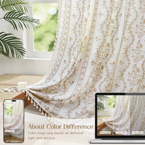 Image of Yinhua Boho Curtains for Living Room 63 Inch Length Vintage Linen Curtains for Bedroom Light Filtering Window Curtain Rod Pocket & Back Tabs Rustic Tassel Drapes with Tiebacks, White Beige