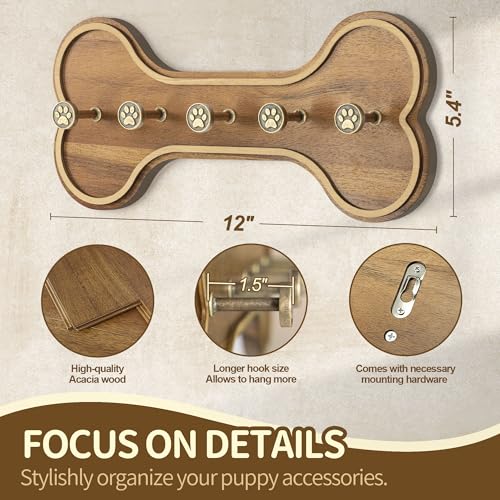 MTERSN Farmhouse Dog Leash Holder for Wall – Dog Stuff Organizer and Dogs Bone Key Holder Wall Mount with 3D Puppy Paw Hooks - Cute Stuff for Pet Lover Gifts (Acacia Wood) - Image 6