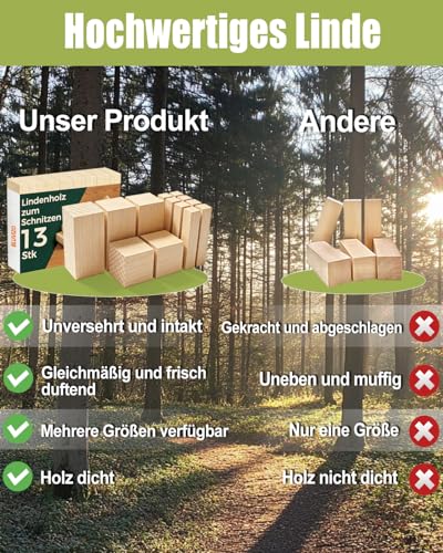 Schnitzholz Lindenholz zum Schnitzen Set – 13 Stück holz Blöcke in 3 Größen – Unbehandelte Holzrohlinge aus Basswood für Anfänger & Profis – Inkl. Schnitzvorlagen zum Basteln & Werken