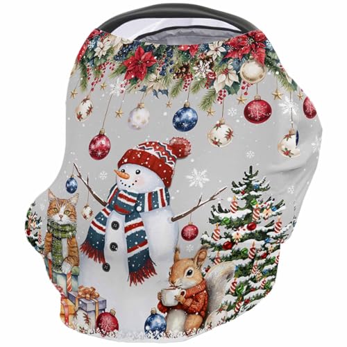 Nursing Cover for Breastfeeding Scarf, Xmas Tree Poinsettia Snowman Squirrel Cat Baby Car Covers Super Soft Multi Use for Canopy Shopping Cart Cover Blanket Stroller Cover