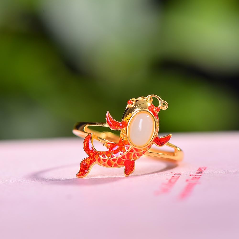 S925 Silver-Inlaid Natural White Jade Enamel Goldfish Ring with Adjustable Opening and Including Certificate