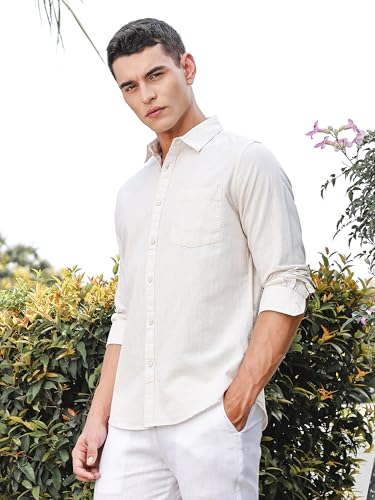 Image of Thomas Scott Men's | Solid | Premium Linen Blend | Spread Collar | Summer Wear | Long Sleeve | Shirts for Men