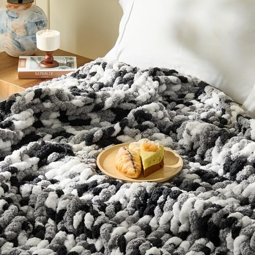 Image of Inhand Chunky Chenille Yarn for Hand Knitting, Thick Bulky Blanket Yarn for Crocheting,Soft Fluffy Yarn for Crochet Gifts & Crafts for Women /Beginners, 8 Pack (29.5 yds /8.4 oz Each), Black & LightGray