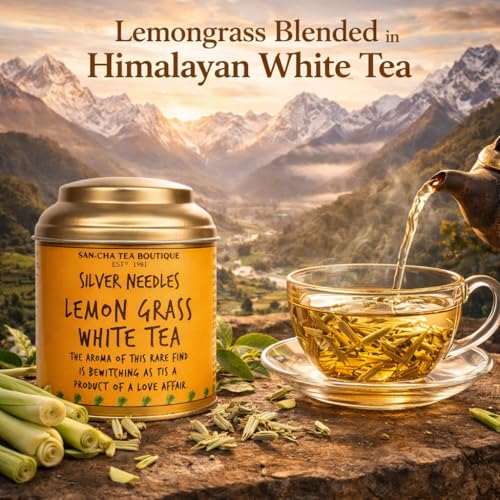 Image of Sancha Tea Boutique, Lemongrass White Tea, 25g Loose Leaf, Pure Silver Needle Buds with Lemongrass, Antioxidant Rich, Caffeine Light & Calming Herbal White Tea