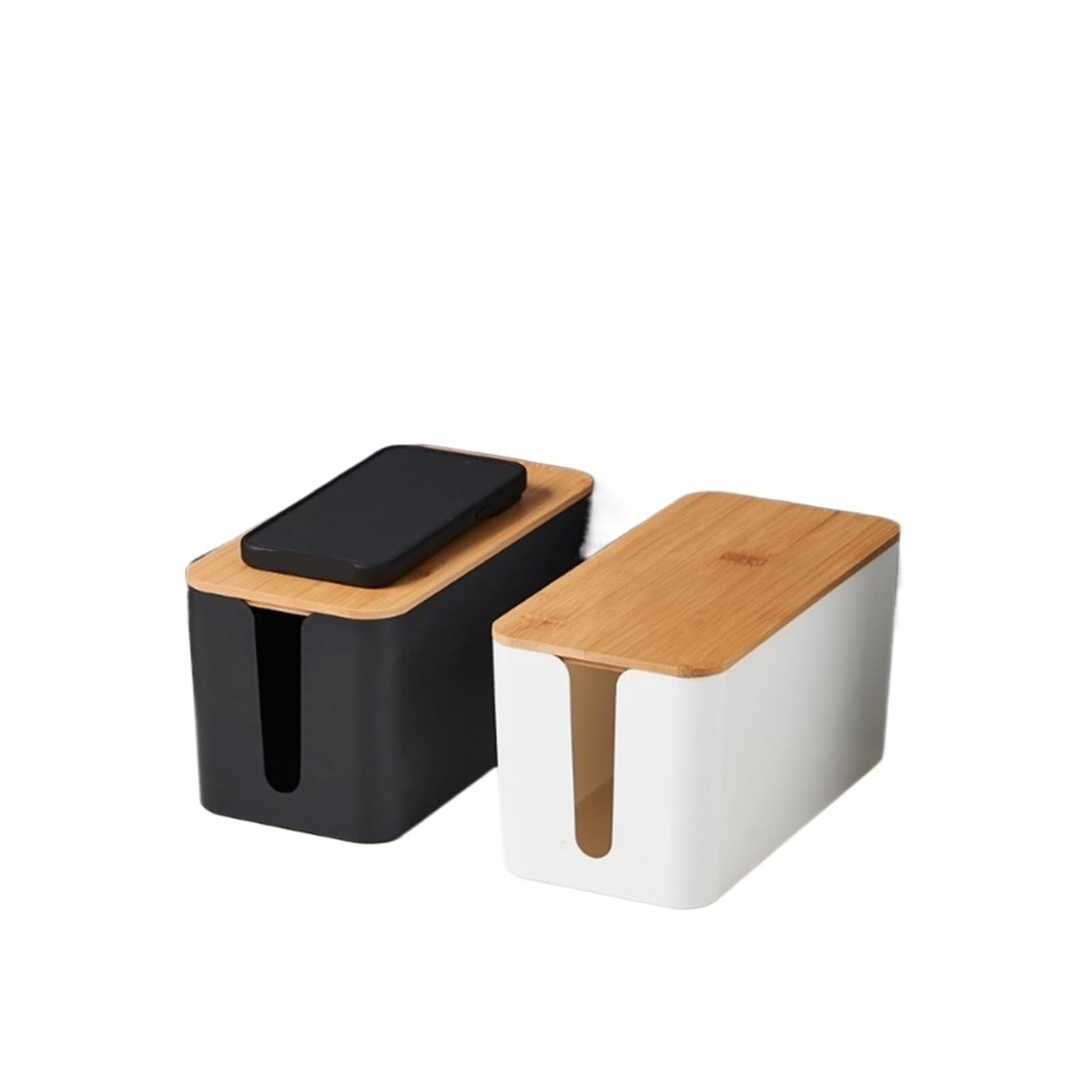 1 Set (2PCS) Creative Cable Management Box with Bamboo Wood Cover Plug Board Storage Power Cord Charger Wire for Office and Home